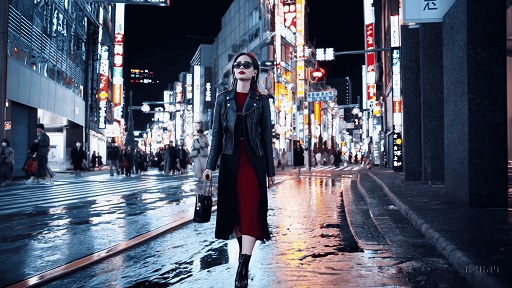 تصویری تولید شده توسط سورا از یک زن در حال راه‌رفتن در خیابان پرتردد توکیو شب. 